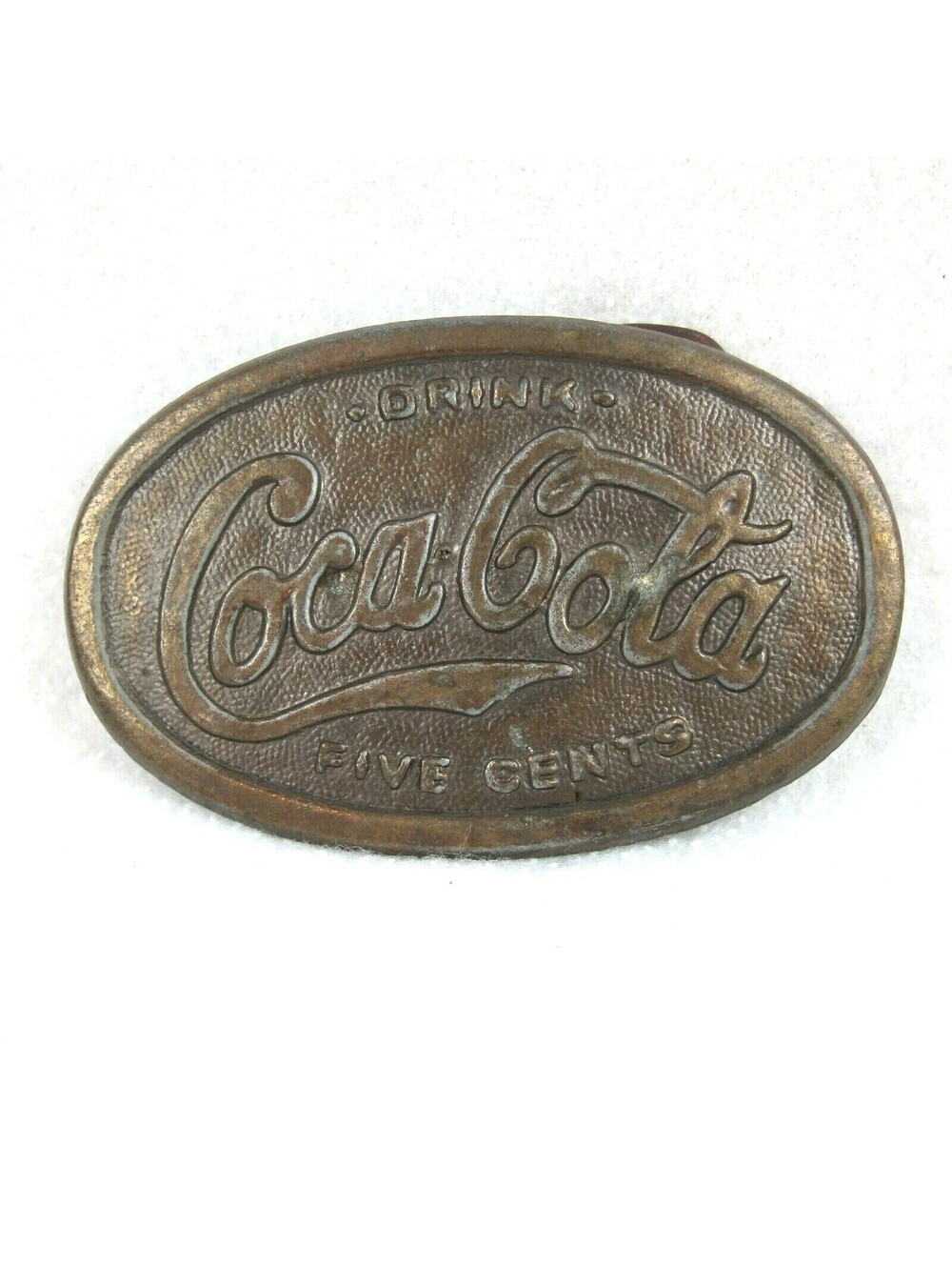 Vintage Drink Coca Cola Five Cents Belt Buckle Brass tone Metal Coke Advertising